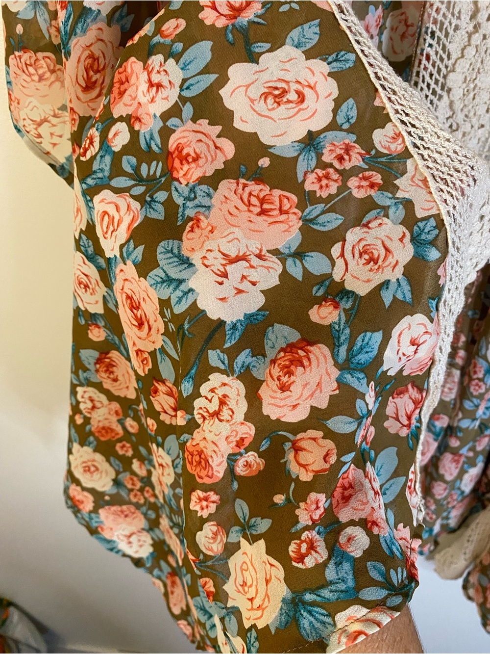 Boho Floral Crochet Trim Kimono Jacket - Olive Floral - Picture 3 of 6